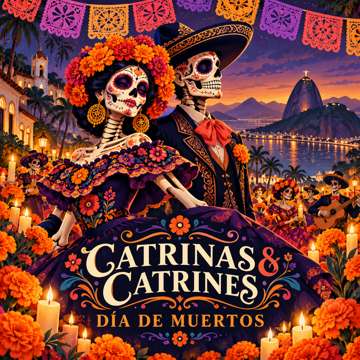 Arte ilustrativa de Procissão de Catrinas e Catrines